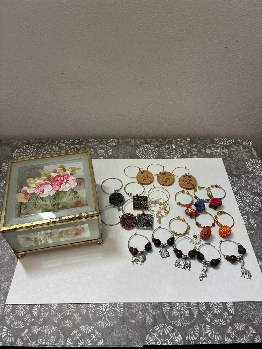 Upcycled Floral  Glass Box with Assorted Wine Charms